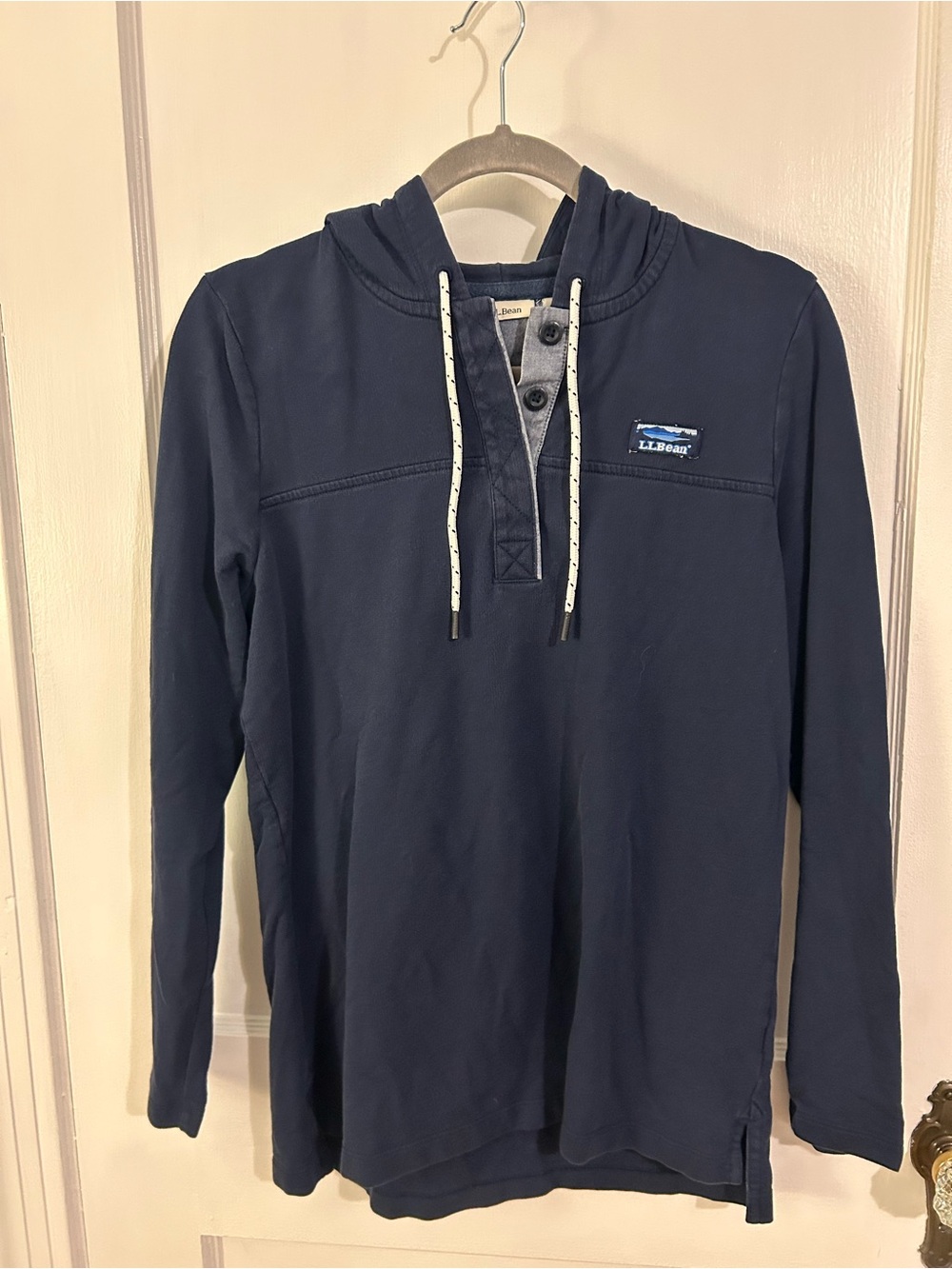 L.L. Bean Navy Hooded Henley with Contrast Drawcords